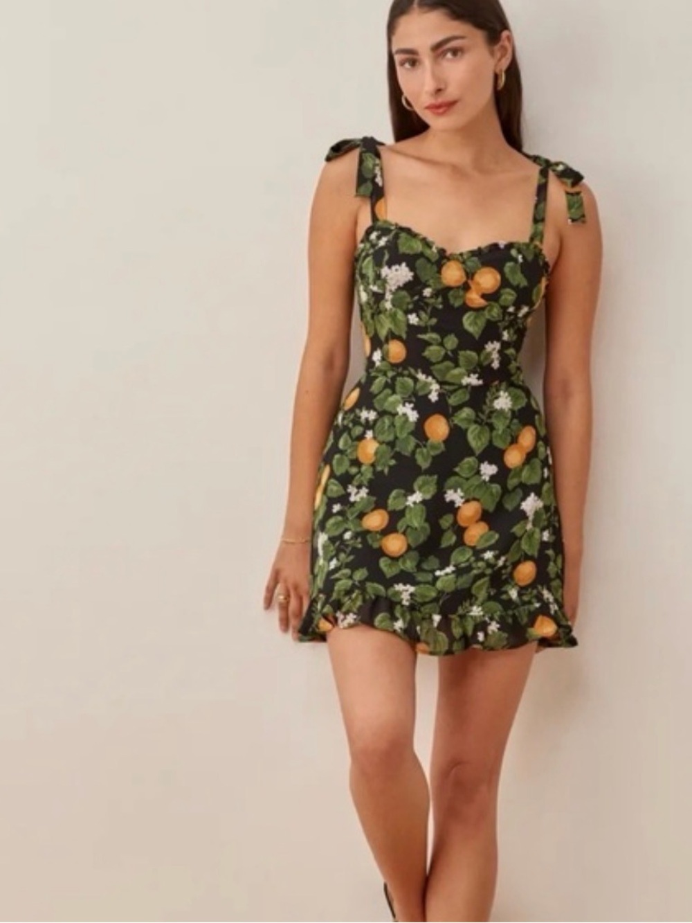 Reformation Black Lemon-Print Tie Strap Mini Dress